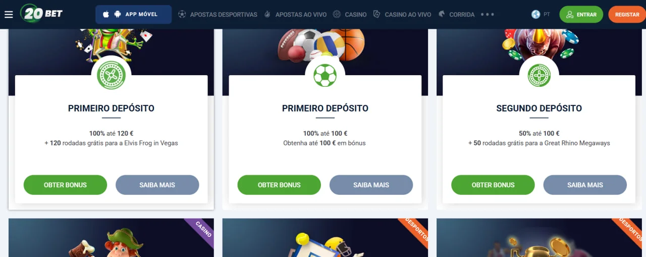 Promociones de primer y segundo depósito en 20Bet Casino con bonos y giros gratis.