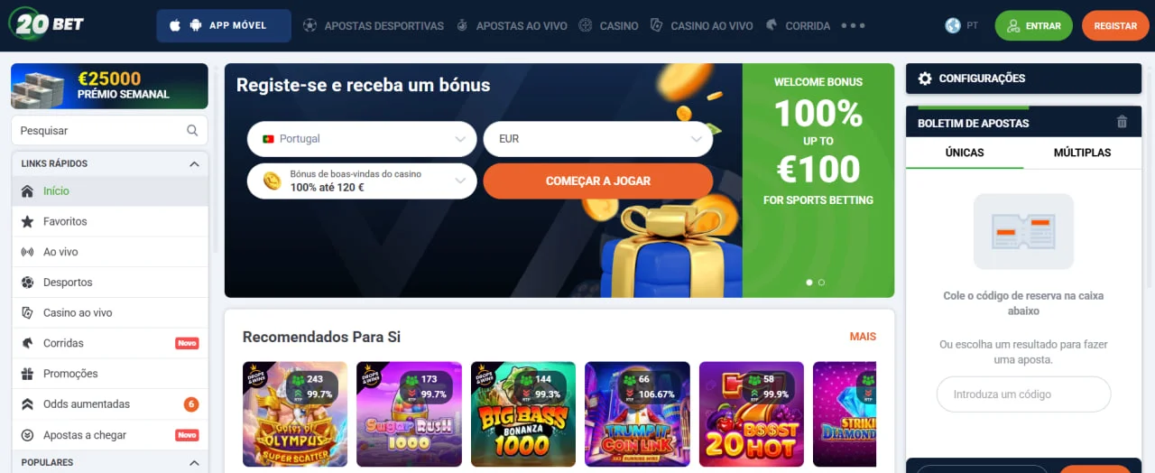 Página principal de 20Bet Casino con bono de bienvenida hasta €100 y tragamonedas recomendadas.