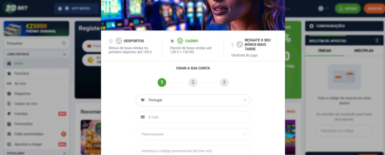 Formulario de registro en 20Bet Casino con selección de país, correo electrónico y contraseña.