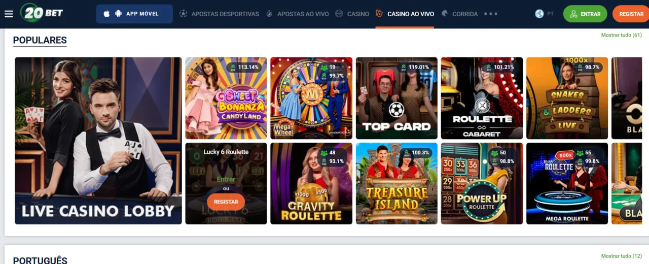 Vista del lobby de casino en vivo de 20Bet con juegos como Live Blackjack, Mega Roulette, Sweet Bonanza Candyland y Treasure Island.