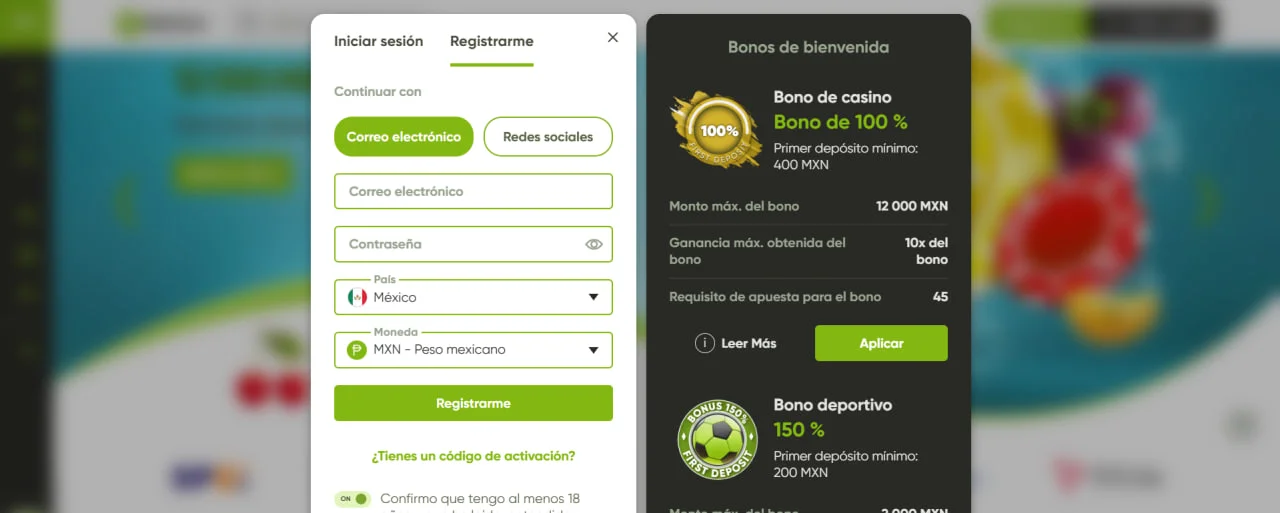 Formulario de registro de Fresh Casino México con selección de país, moneda y bono de bienvenida del 100% hasta 10,000 MXN o bono deportivo del 150%.