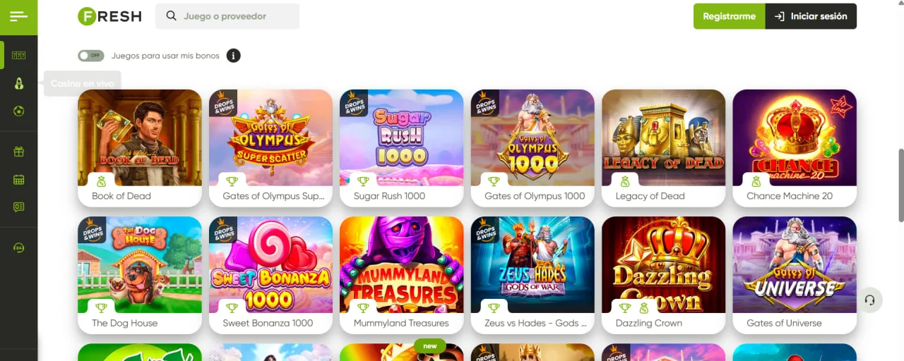 Lobby de juegos en Fresh Casino con tragamonedas populares como Sugar Rush 1000, Book of Dead, Zeus vs Hades, Gates of Olympus y Chance Machine.