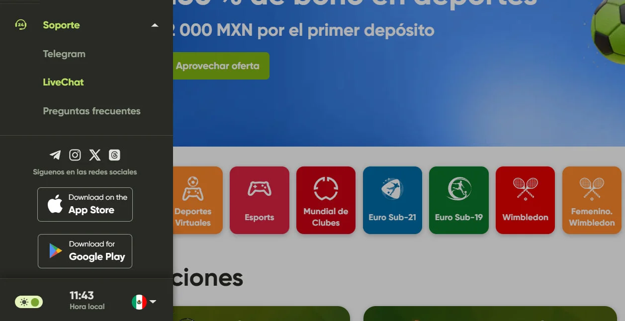 Menú lateral de Fresh Casino con soporte en vivo, acceso a Telegram, links de descarga de app y ajustes regionales para jugadores de México.