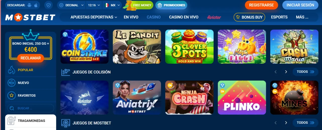 Vista del lobby de juegos de Mostbet Casino: tragamonedas populares como Coin Strike, Aviator, Plinko y sección de colisiones con opción Bonus Buy.