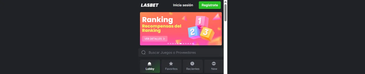 Pantalla principal de la app de casino LASBET con ranking de recompensas y menú inferior de navegación.