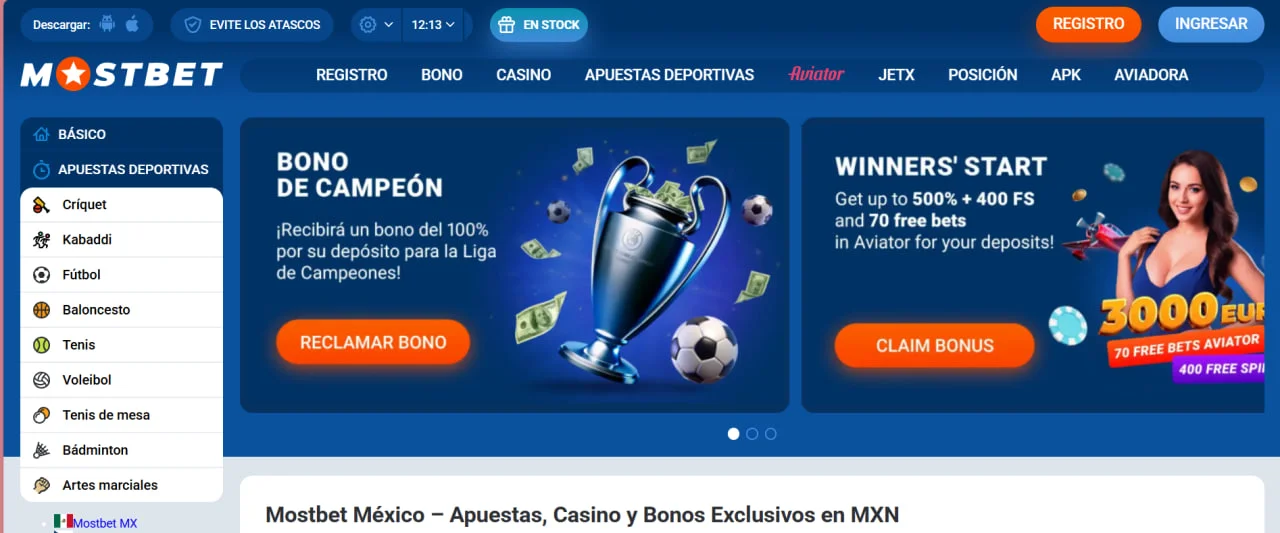 Pantalla principal de Mostbet México con promociones activas, bono del 100 % para la Liga de Campeones y registro rápido para jugadores mexicanos.