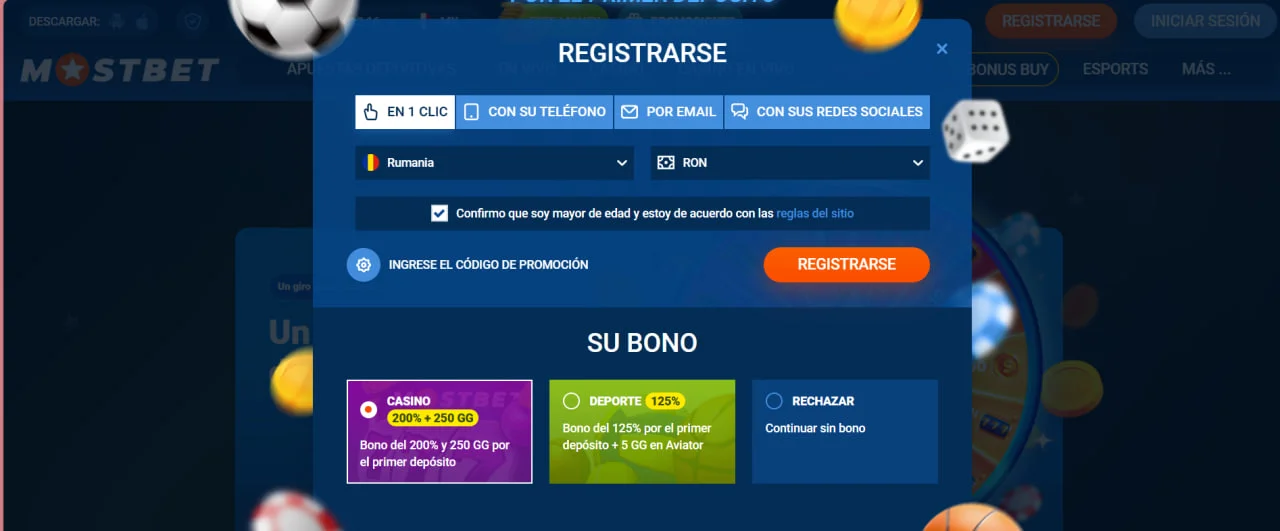Formulario de registro en Mostbet Casino mostrando métodos de alta por teléfono, correo y redes sociales, con bonos iniciales para casino y apuestas deportivas.